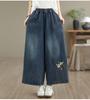 plus size Vintage floral embroidery high waist casual loose Women Spring summer autumn jeans denim wide leg Pants