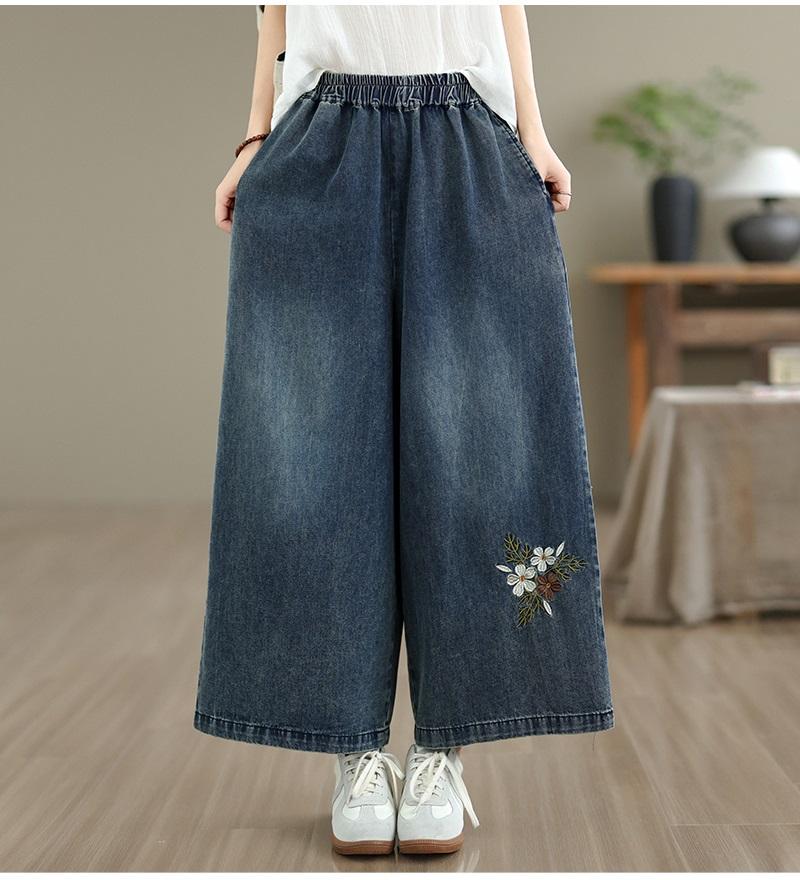 plus size Vintage floral embroidery high waist casual loose Women Spring summer autumn jeans denim wide leg Pants