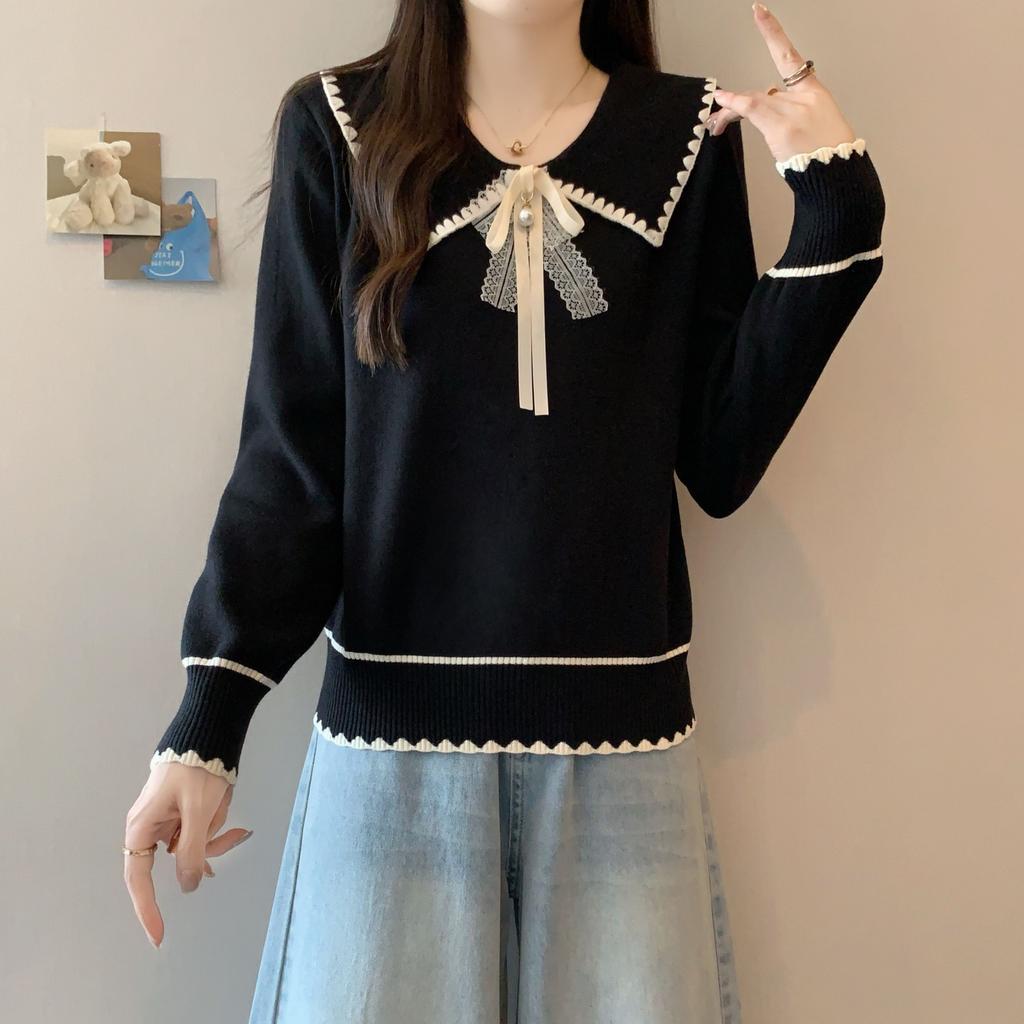 Sweater Female Autumn and Winter Sweet Doll Collar Shows Thin All Tie Bowtie Long-sleeved Blouse