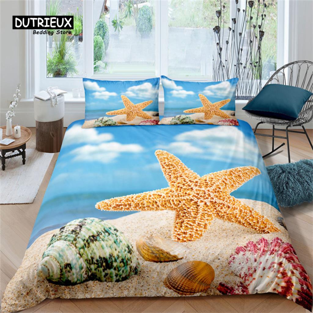 Seestern Muschel Strand Bettwäsche Set Mikrofaser Küste mit Sand mit buntem verschiedenen Muscheldruck Bettbezug Schlafzimmerdeko