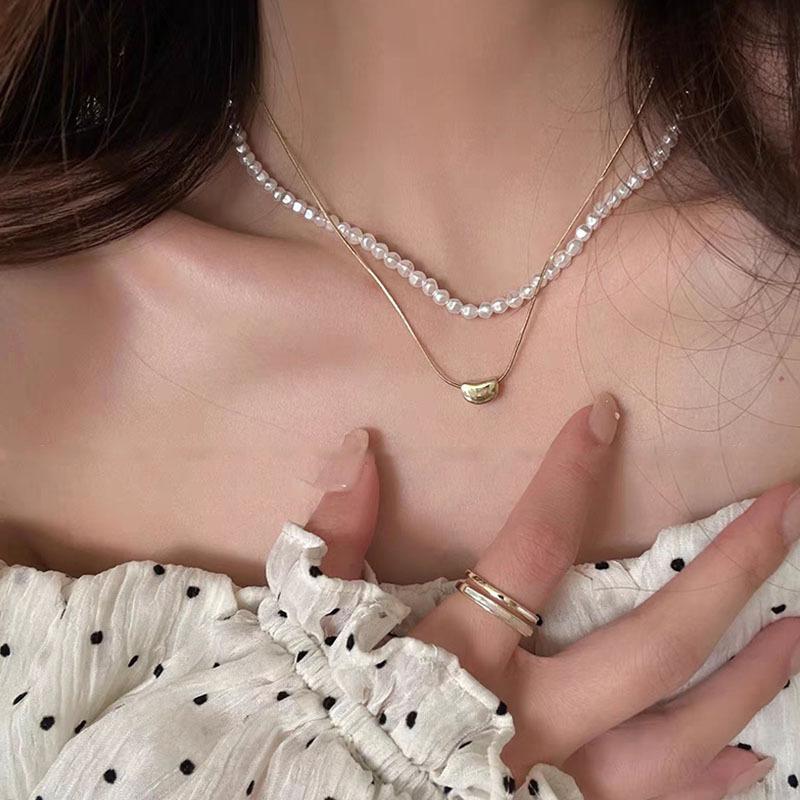 Double-Layer Special-Shaped Imitation Pearl Necklace Women S Fashion Golden Bean Collarbone Chain Acacia Bean Design Neck Chain Accessories