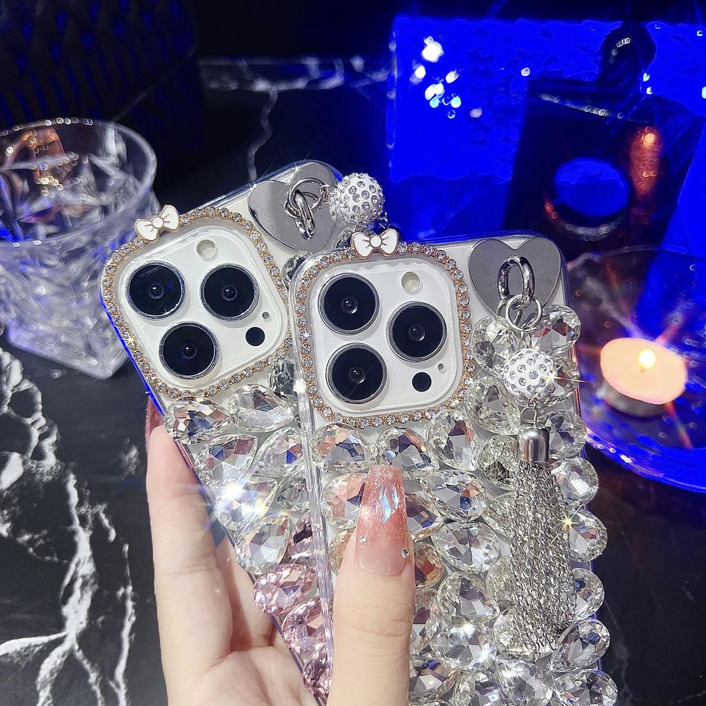 For iPhone 16 Pro Case with Tassel Glass Rhinestone Decor TPU Phone Back Cover