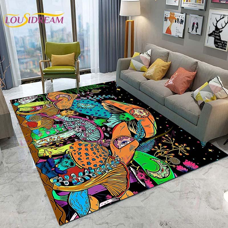 3D Starry Botanical Sun Moonlit Mushroom Rug Floral Hippie Moon Phase Carpet for Aesthetic Bedroom Living Room Vintage Game Mat