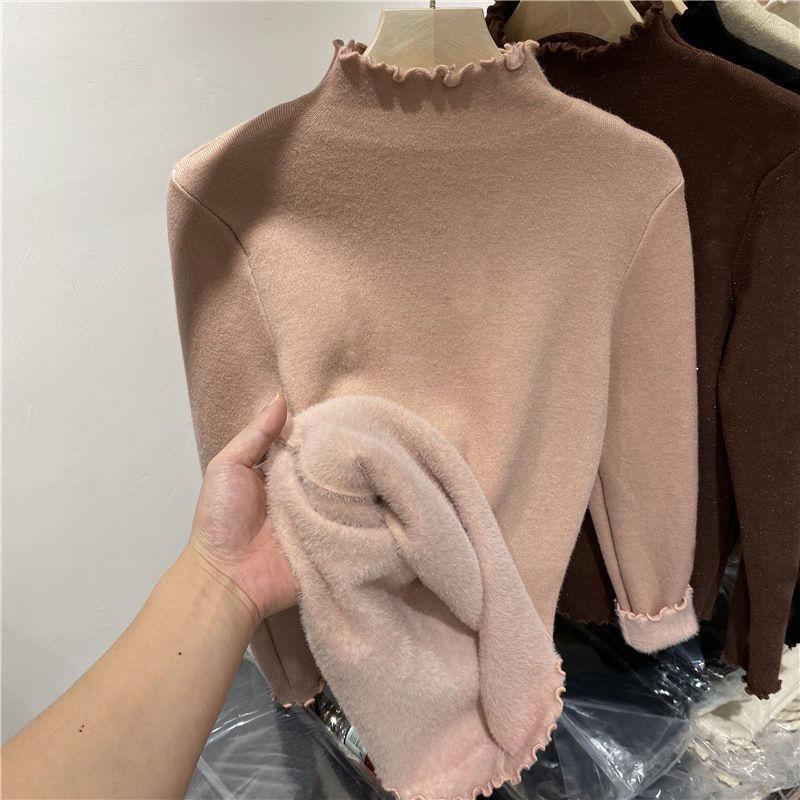 Solid Retro Plus Velvet Padded Knitted Bottoming Shirt Women Autumn Winter New Fashion Long Sleeved Tops Casual Pullover