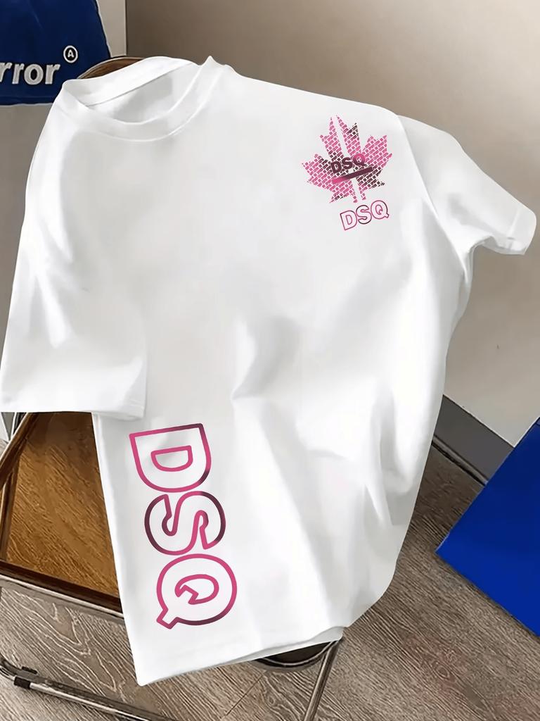 Unisex Streetwear T Shirt Pink Gradient Maple Leaf  Vertical Letter Front Print Crew Neck Black White Oversized Short Sleeve Top