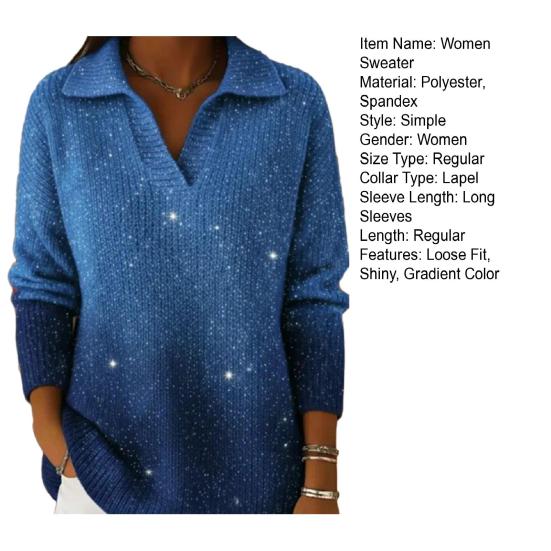 Women Sweater Lapel Long Sleeve Shimmering Sequin Detail Gradient Design Loose Fit Knitting Tops Loose Fit Winter Knitwear