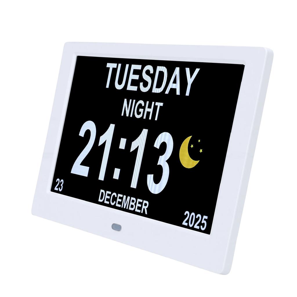 8 Inch Digital Calendar Clock Date and Time Display Customizable Alarm Auto Dimming Picture Video Playback Large