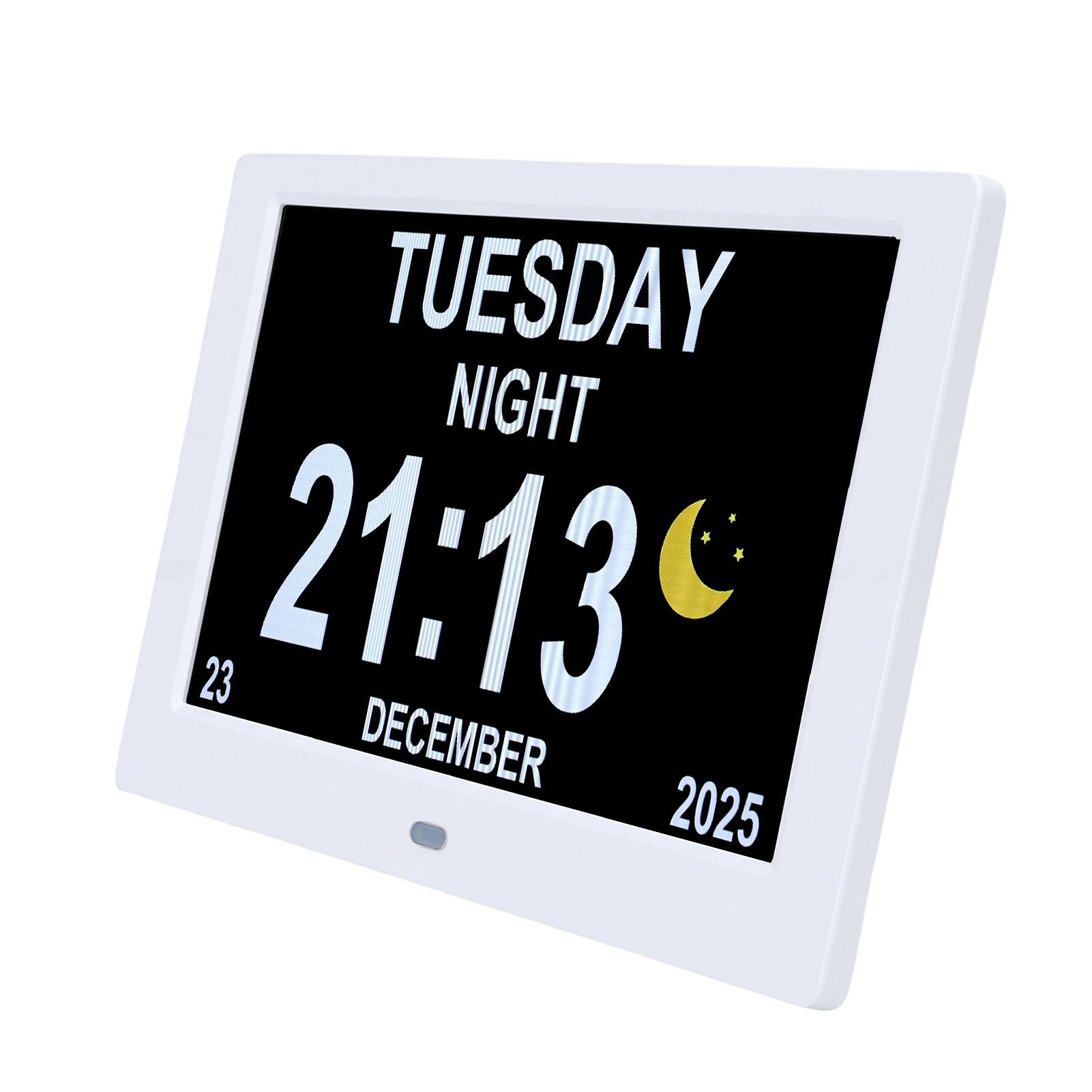 

8 Inch Digital Calendar Clock Date and Time Display Customizable Alarm Auto Dimming Picture Video Playback Large