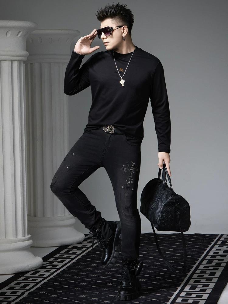European Style Trendy Printed Round Neck Base Shirt Men's Long-Sleeve T-Shirt 2025 New Autumn Casual Top Tee