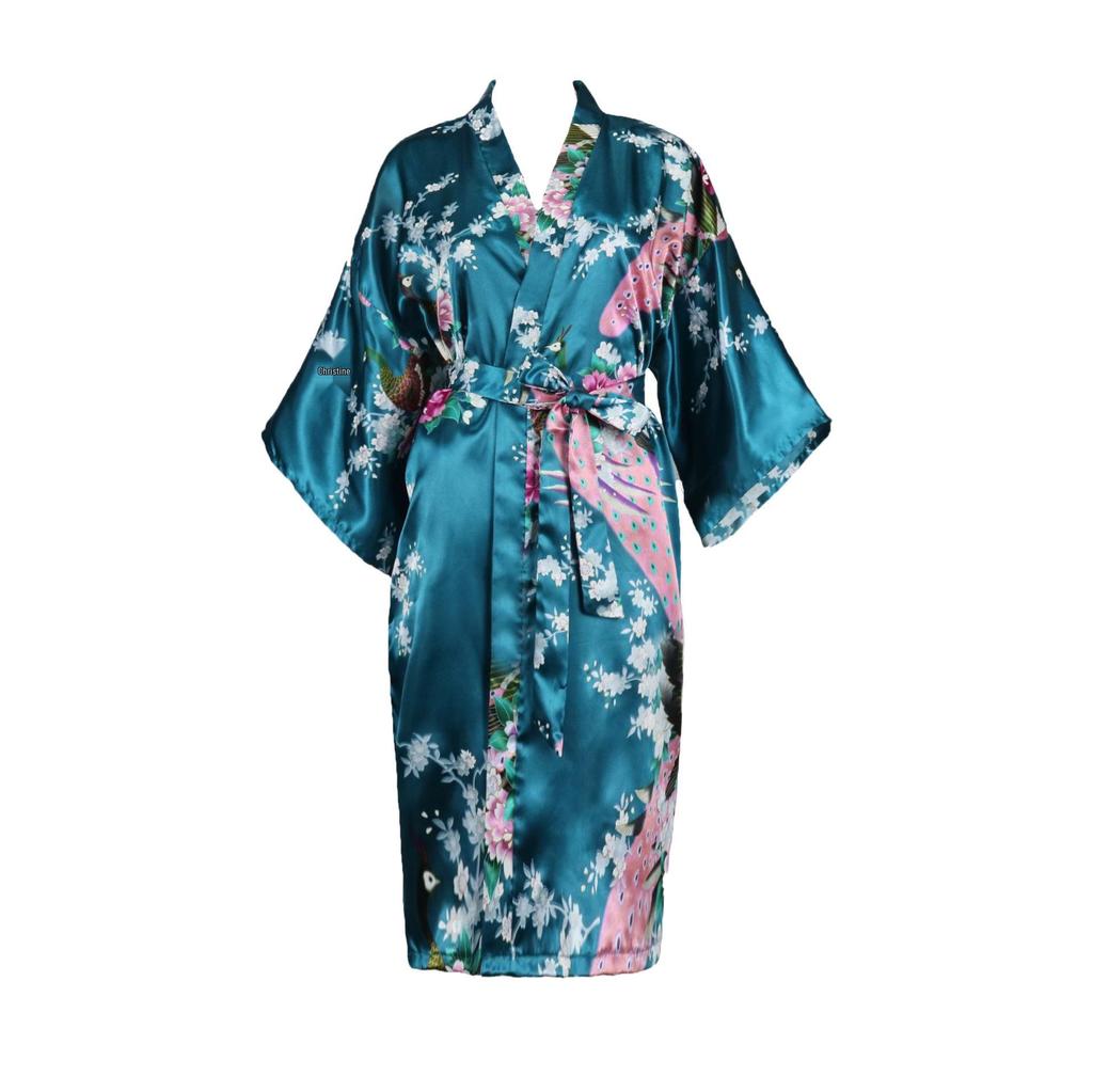 Women's Japanese-Style Satin Kimono Bathrobe with Peacock Design