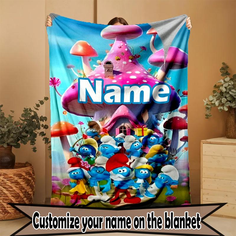 Custom Name Personalized Blue Smurfs Print Blanket, Home Decor, Bedroom, Sofa, Camping, Couch, Gifts for Birthday Christmas