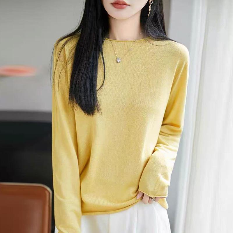 2026 Autumn Women's Wool Blend Rolled Edge Round Neck Knitwear Sweater Long Sleeve Seamless Design