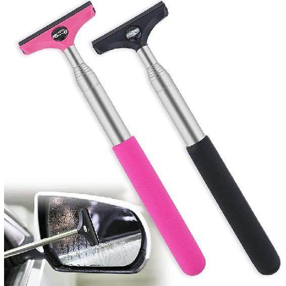 Side Mirror Squeegee, 2 PCS Car Mirror Squeegee, Retractable Car Rearview Mirror Wiper For All Vehicles, Universal Automotive Accessories(Black/Pink)