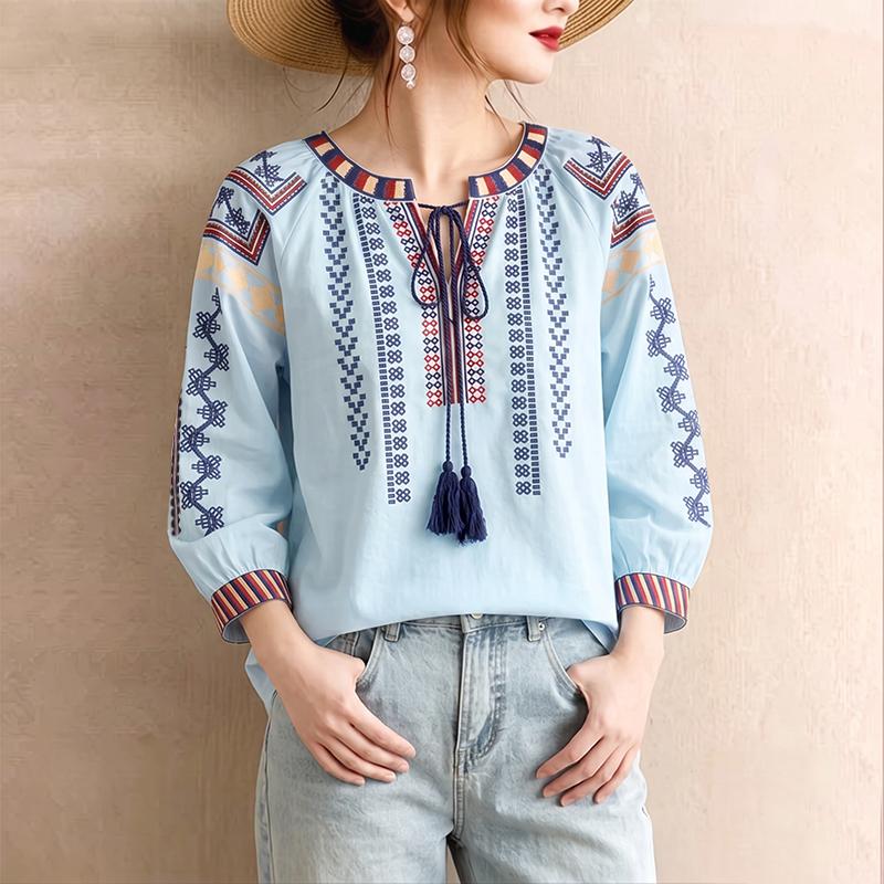 ZANZEA Women Boho Print Summer Casual Round Neck 3/4 Sleeve Blouse