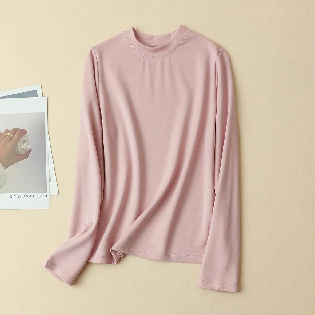 Damen Langarm-Basisshirt aus 250g Maulbeerseide mit gebürstetem Fleece und kleinem Stehkragen für den Herbst