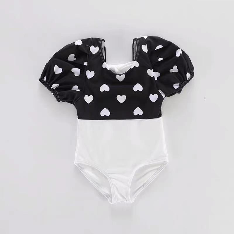 Trendy Korean Girls  Puff Sleeve Heart One-Piece Swimsuit - Black  White S