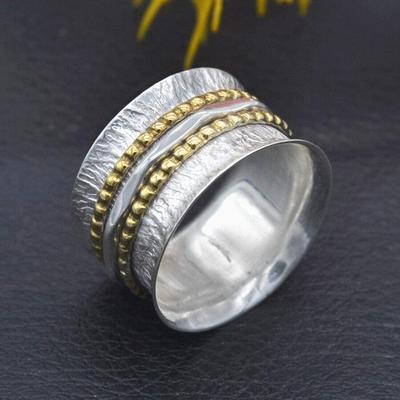 925 Sterling Silver Two Tone Meditation Fidget Handmade Silver Brass Meditation Spinner Ring