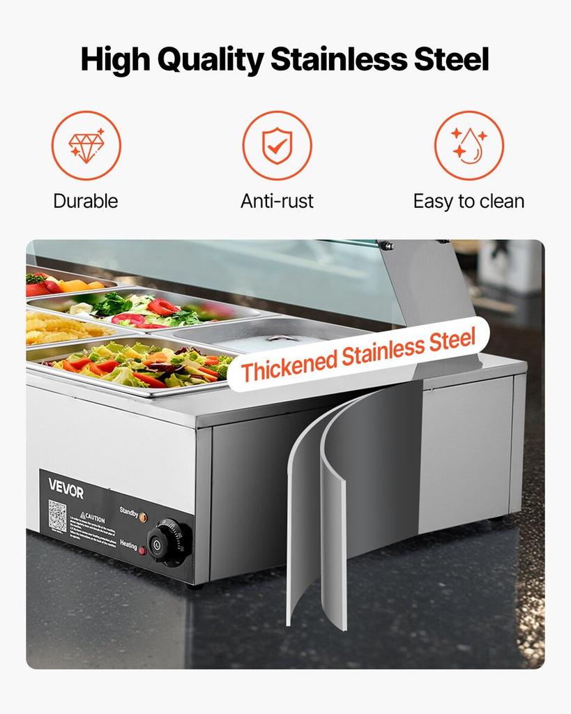 Commercial Food Warmer, 1700W Electric Stainless Steel Steam Food Warmer with Glass Cover, 8-Pan Countertop Buffet Bain Marie with Soup & Perforated