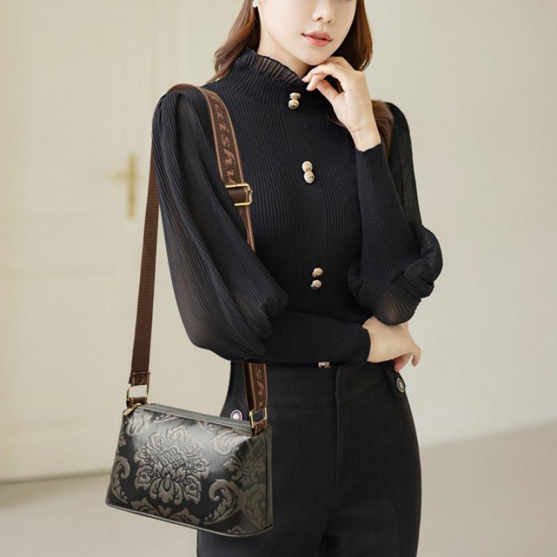 Luxury Retro Floral Embossed Leather Crossbody Bag for Women – Fashion Shoulder Bag with Wide Strap, Casual Daily & Travel Handbag