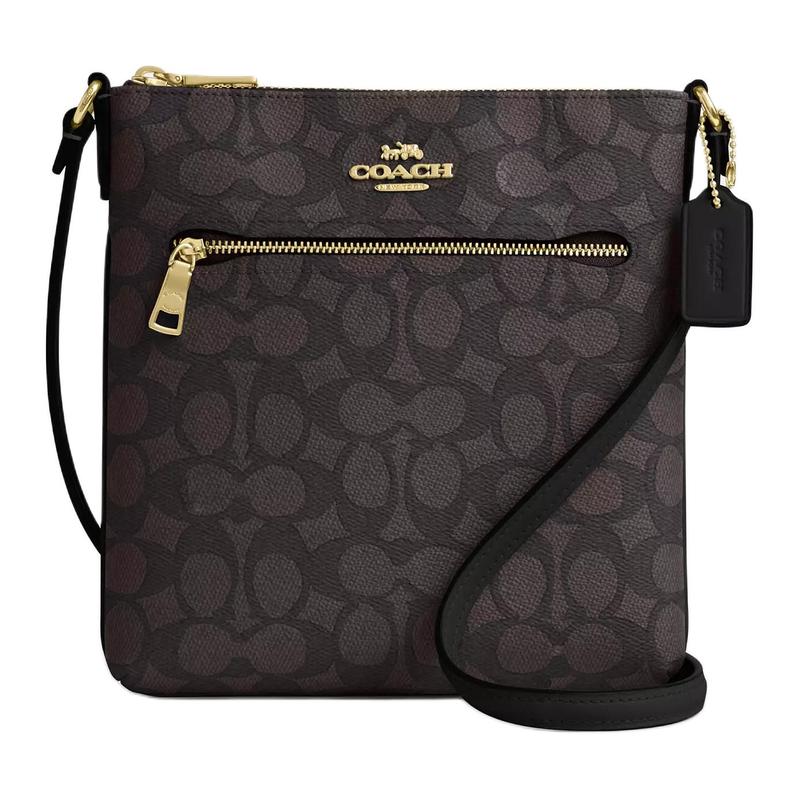

COACH Rowan 21 Gold Logo Zip Closure Coated Canvas Shoulder Crossbody Bag Small Women s Walnut and Black чорний