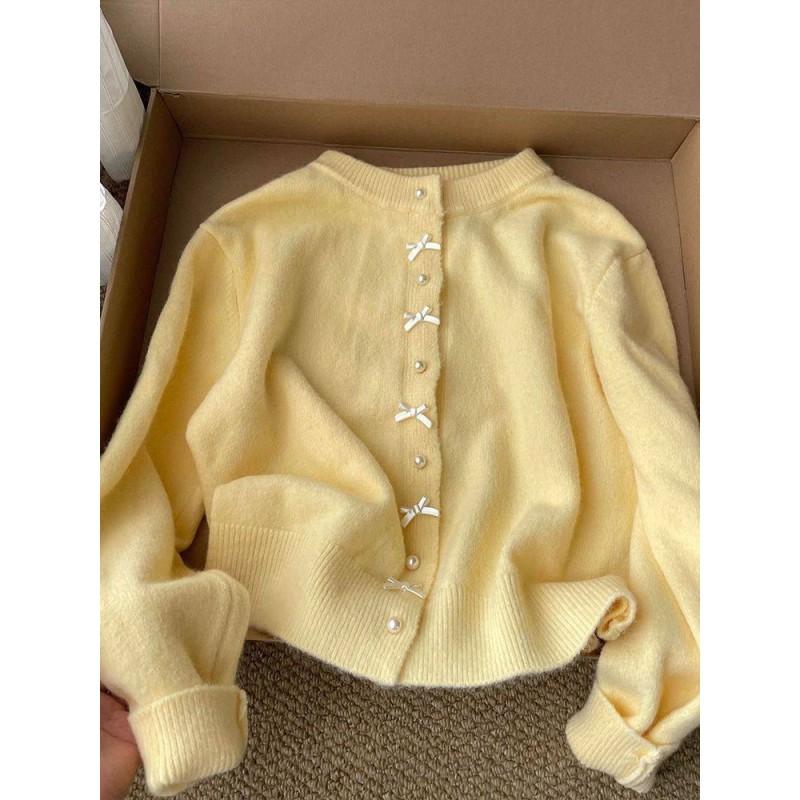 Womens Long Sleeve Knit Cardigan Sweater With Bow Detail Soft Cozy Casual Open Front Top In Solid Color