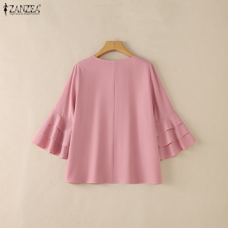 ZANZEA Women Casual Round Neck 3/4 Sleeve Embroidery Print Loose Blouse Ruffles 