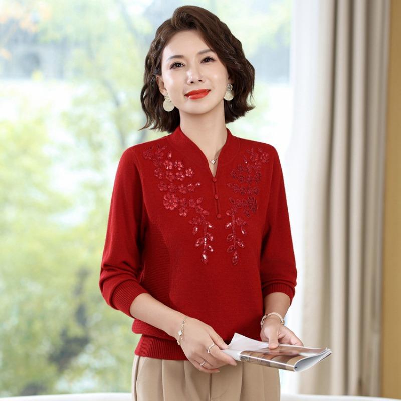 Middle-aged and Old Women's Natal Year Temperament Top Mother Autumn Clothes New Pullover Red Sweater Noble Bottoming Shirt