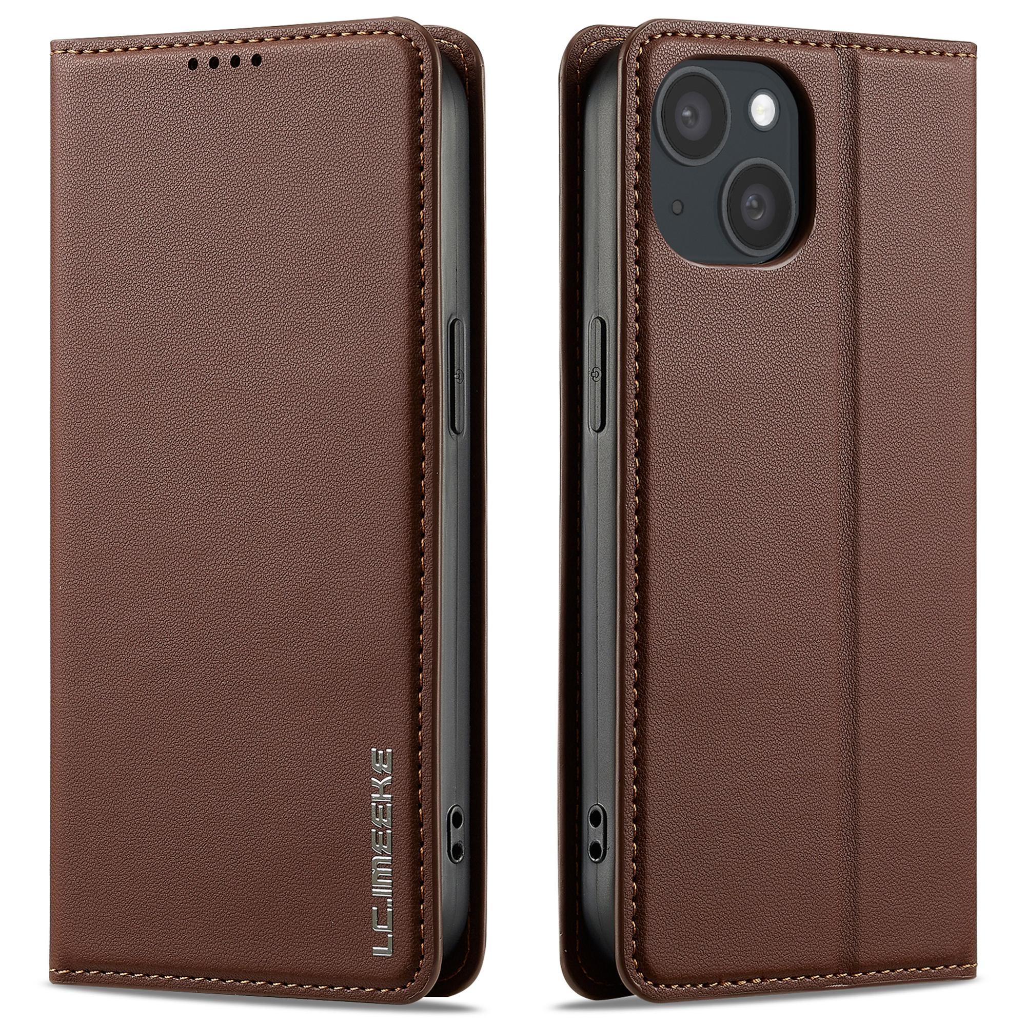 

LC.IMEEKE L1 Series for iPhone 14/13 Case PU Leather Wallet Stand Protective Phone Cover Brown