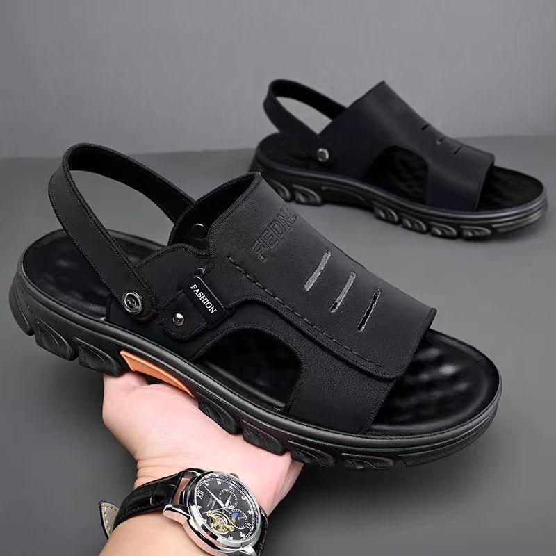 

Мужские сандалии 2024 лето новые кожаные повседневные пляжные туфли мужские на платформе нескользящие универсальные модные уличные сандалии 38