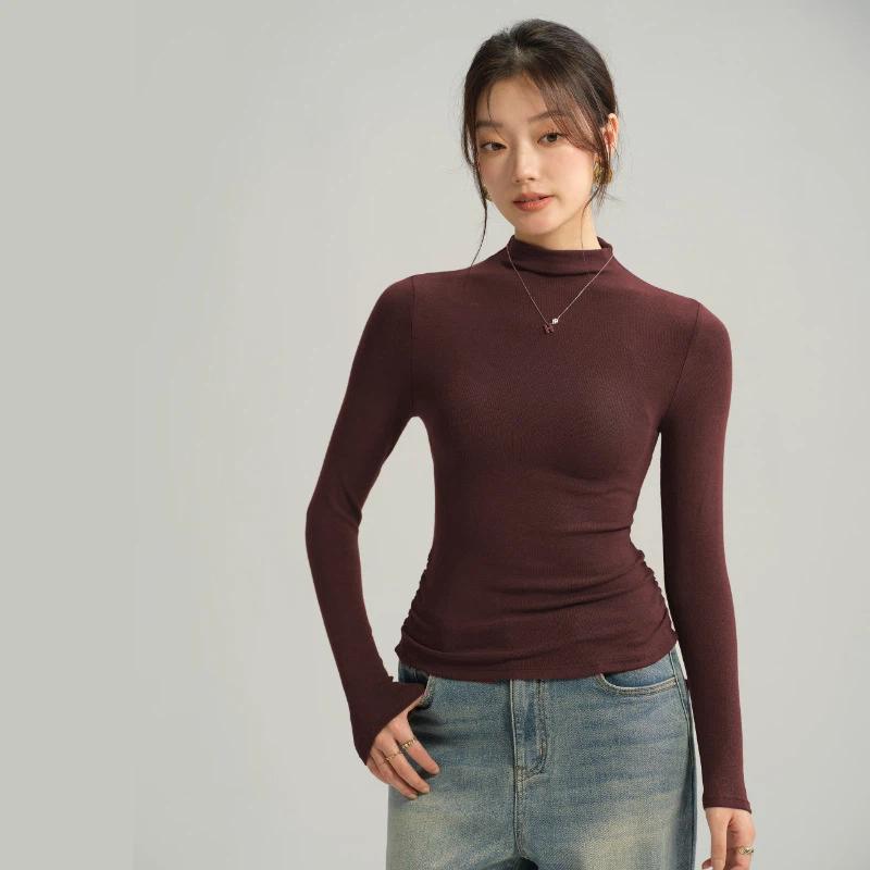 Women's Autumn And Winter Inner Wear Long Sleeved Base T Shirt Top Semi High Neck Solid Color Base Shirt