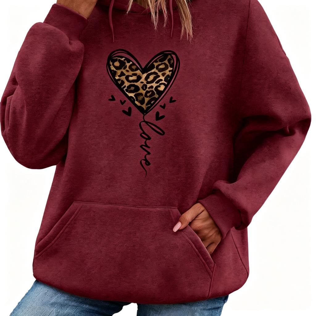 Sudadera con capucha de terciopelo para mujer, cálida, holgada, casual, con estampado de leopardo y patrón de corazón, manga larga, para otoño e invierno