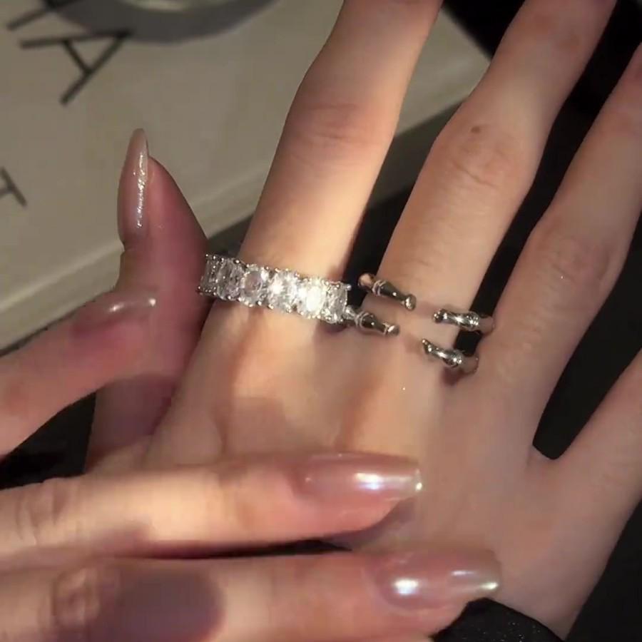 Elegant Bamboo Joint Zirconia Two-Piece Women s Ring: Light Luxury, Fashionable, Stackable, Open Design