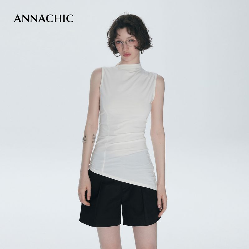 

Annachic Graceful Line_white Asymmetric Art Pleat Modeling T-shirt Women Long Slim fit Sleeveless Top Cloud White-In Stock L