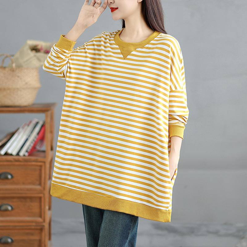 DIMANAF 2025 Autumn Plus Size T-Shirt Women Long Sleeve O-Neck Hoodies Loose Stripes Tops Tees Cotton