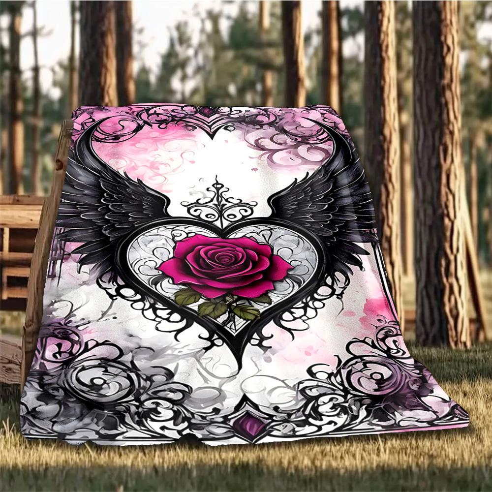 1pc Heart Wings Rose Outdoor Flannel Blanket Soft All Season Polyester Throw , Perfect for Picnics & Travel , Picnic Accessory