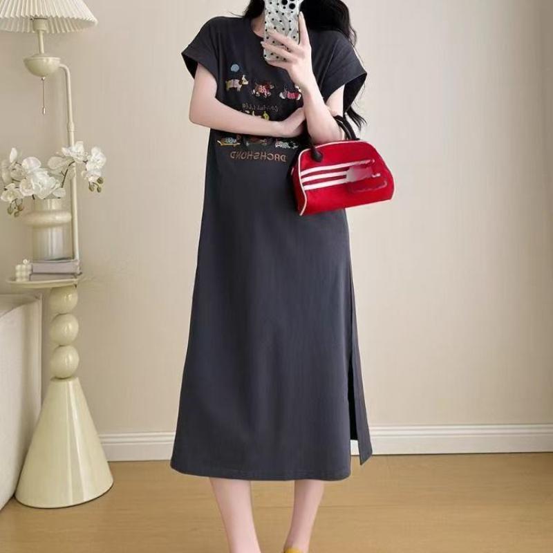 

New Large-sized Maternity Wear for Summer, Korean Style Loose Mid-length Dress, Summer Cartoon Slit T-shirt Dress M темно-сірий