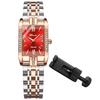 Women's Square Diamond Watch: Dainty Replica Watch with Zirconia, Roman Numerals, Quartz Movement, Calendar, Date Display, Stainless Steel Strap, Red,