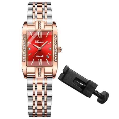 Women's Square Diamond Watch: Dainty Replica Watch with Zirconia, Roman Numerals, Quartz Movement, Calendar, Date Display, Stainless Steel Strap, Red,