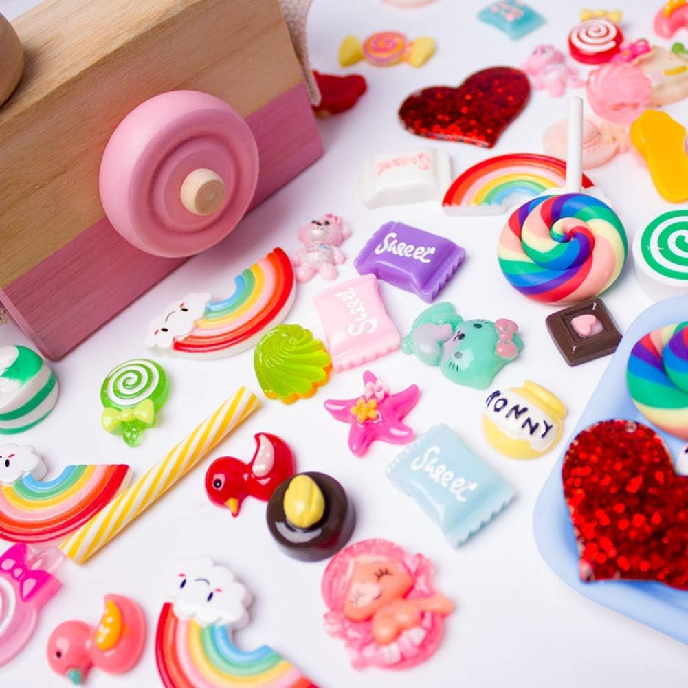 Slime Charms Cute Set, Messar 100pcs Charms for Slime Assorted Fruits Candy Sweets Animals Flatback Resin Scrapbook Cabochons for DIY Craft Making,