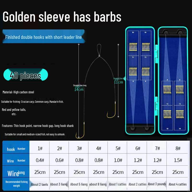 40-Piece Toray Short Leader Gold Haiyuki Izu Barbed Double Hook Set with Anti-Tangle Sleeves