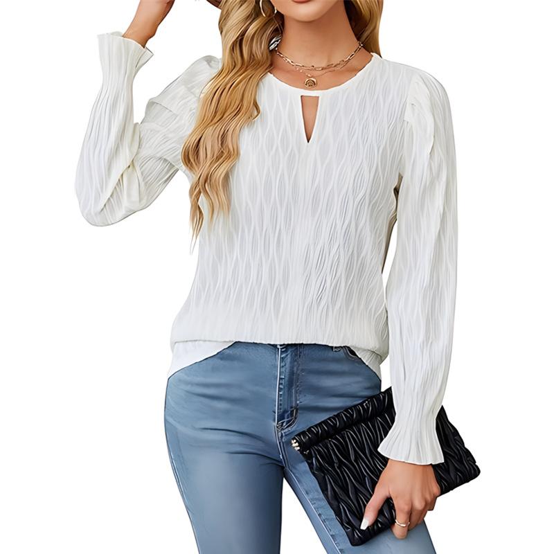 Autumn Winter Solid Color T-Shirts Jacquard Round Neck Long Sleeved Top for Women's Clothing