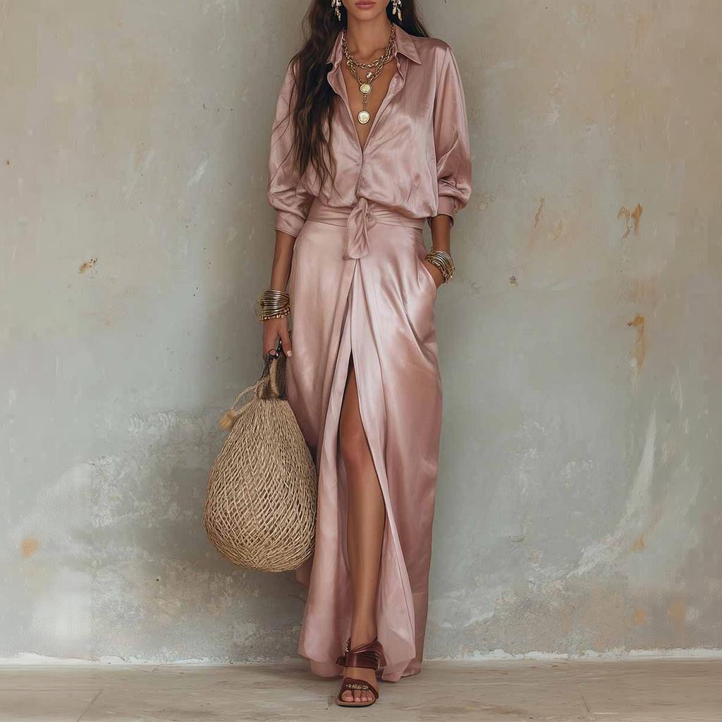 Women's Satin V-Neck Blouse and Side Split Skirt Set with Pocket for Casual Everyday Wear