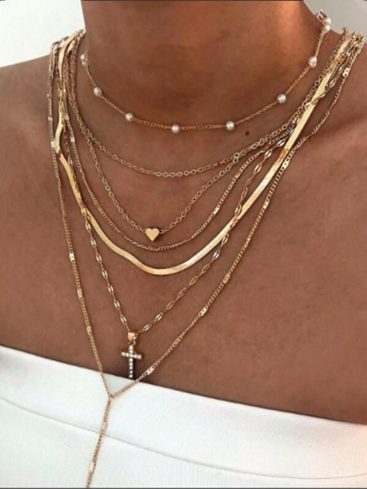 

7pcs Elegant Boho Gold Color Necklaces Set for Women Vintage Heart Pearl Zircon Multi-Layer Long Necklace Daily Wear Jewelry New