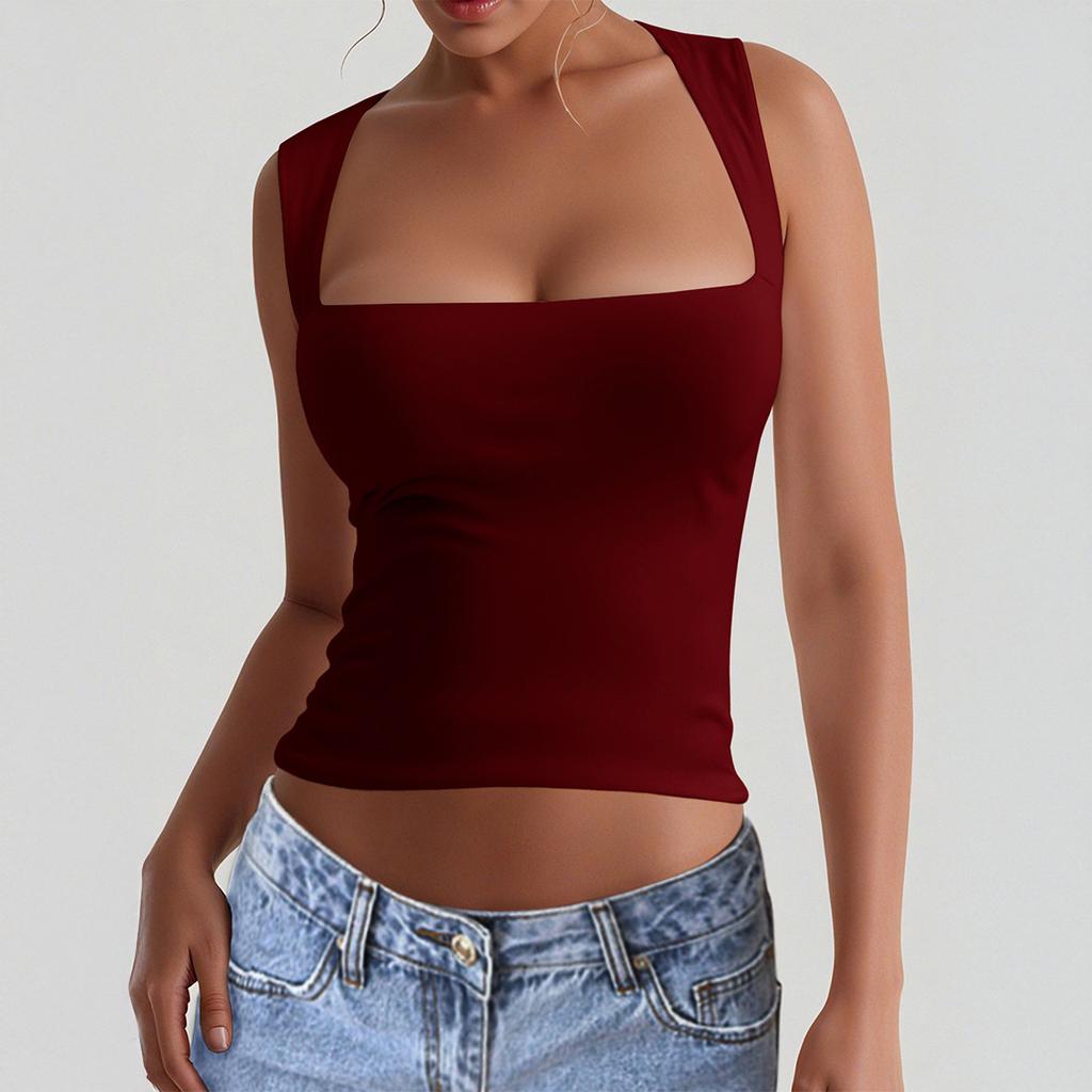 Casual European and American Y2K fitness high elastic sports square collar suspender T-shirt vest women's summer