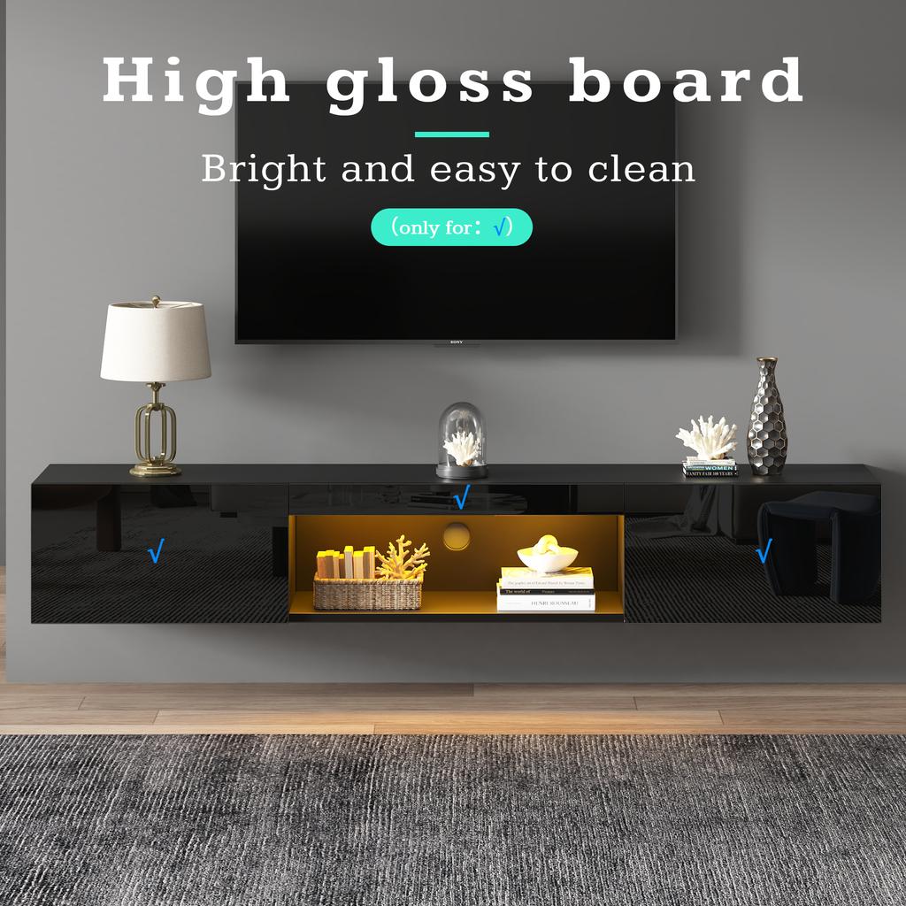 160*31*22cm Hochglanz Wandhängeschrank, TV-Ständer und TV-Schrank mit LED-Beleuchtung, Lowboard, für 70-Zoll-Fernseher, 35kg Tragkraft, Schwarz