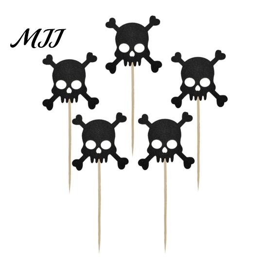 Cake Decoration for Halloween 8 Pcs Glitter Cupcake Picks, Spooky Black Skull Cream Safe Topper Toppers, Gothic Birthday Party Supplies