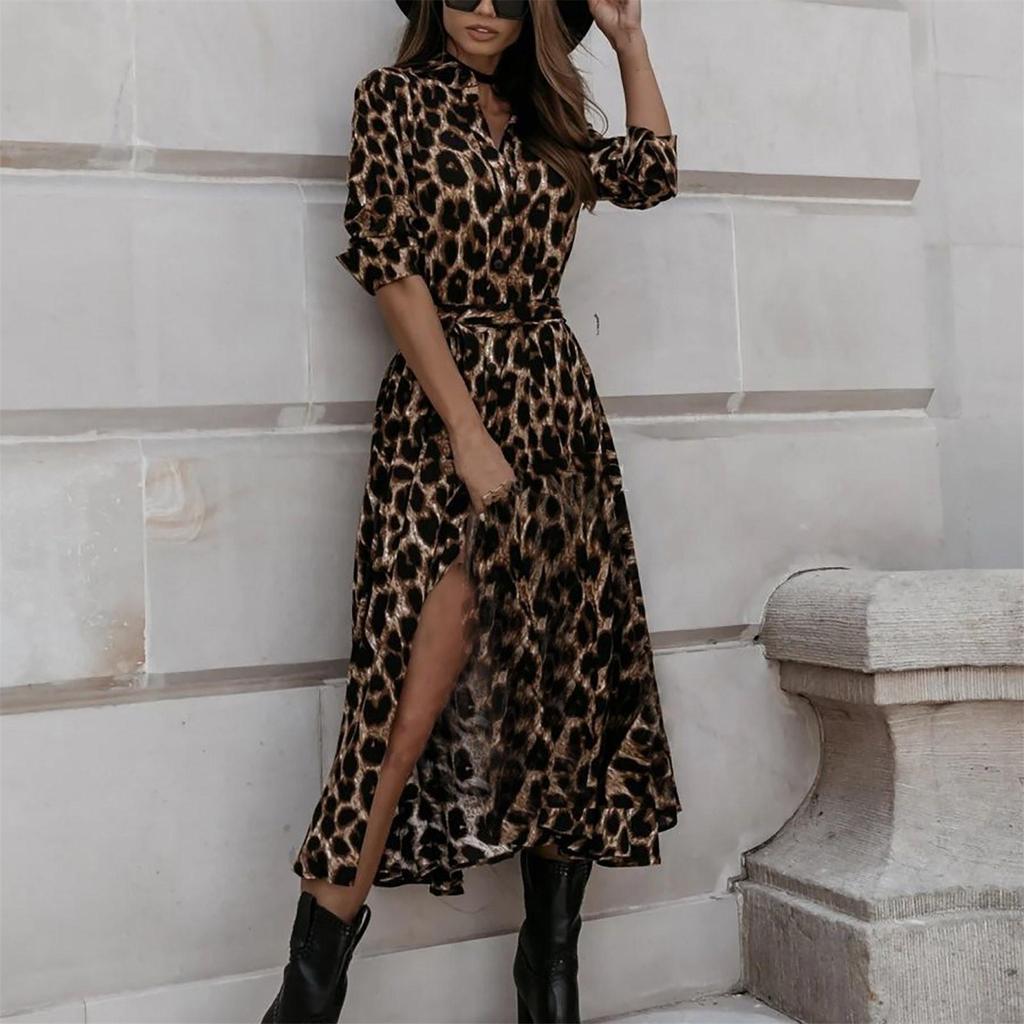 Fashion Sexy Printed Long Dress Stand Collar Single Breasted Leopard Dress