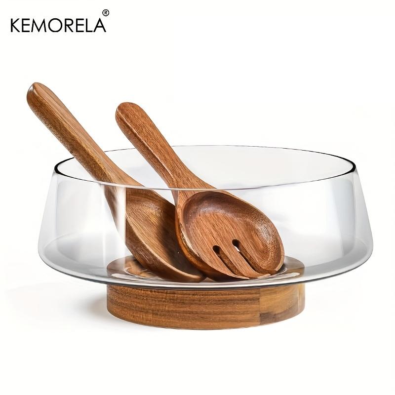  1PCS Glass Salad Bowl Set with Wooden Base Large Hand-blown Glass Bowl Restaurant Essentials Fruit Salad Bowl