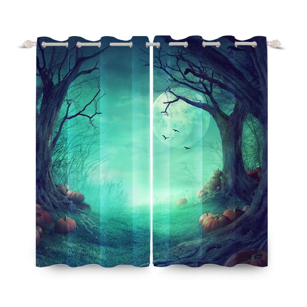 2pcs/set Horror Halloween Window Curtain Full Moon Night Tomb Iron Gate Back Room Home Bedroom Decor Blackout Polyester Curtains