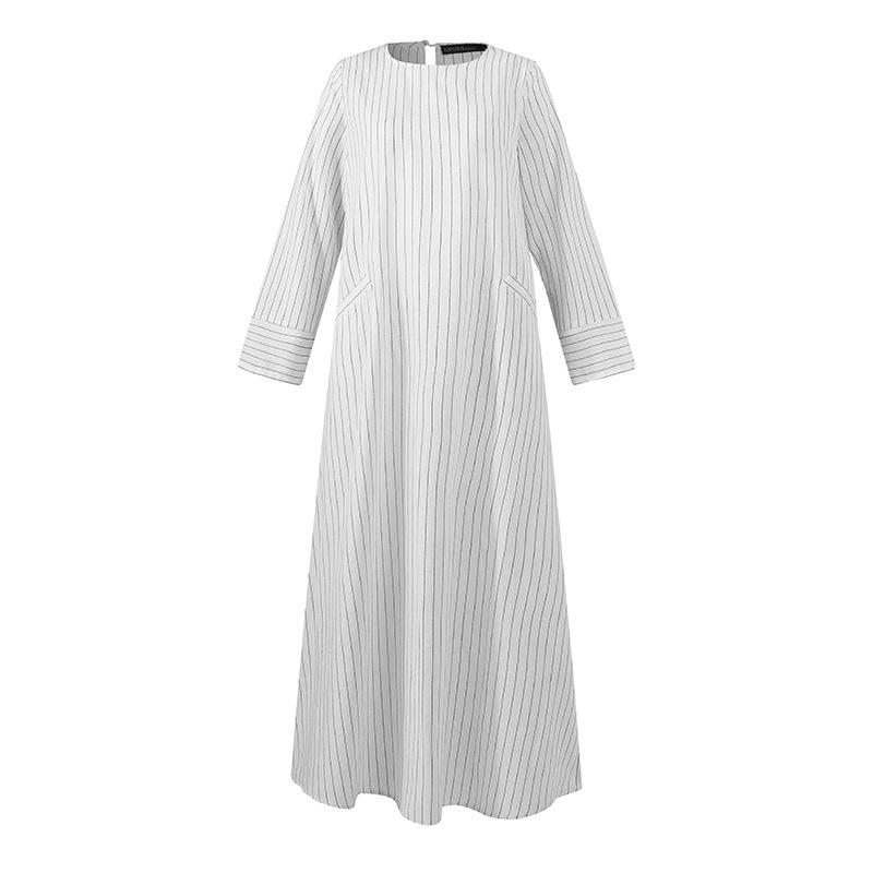 Women Plus Size Dress Retro Casual Clothing Long Sleeve Striped Cotton Linen O-neck Dresses Loose Elegant A-Shaped Dress